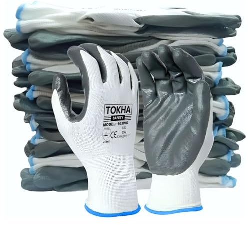 48 Pairs Nitrile Coated Gloves Red Black Nylon Safety Work Glove Use for Workshop Construction Builders Gardening Grip (White-Grey, Medium [8])