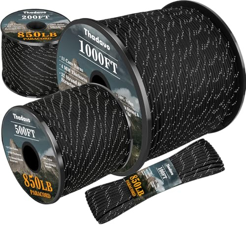 Thadavo Reflective Paracord Rope 850Ib, 50/100/200/500/1000ft 4MM 11 Strand para Cords Lanyard Utility Parachute Cord for Tent Camping Hiking Survival Tactical Clothesline DIY Projects, Black 100FT