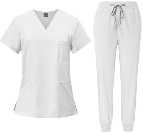 Meichoon Medizinischer Overall Anzug V-Ausschnitt Kurzärmliges Oberteil mit 3 Taschen Schlanke Hose Schnelltrocknend Größen Unisex DK05