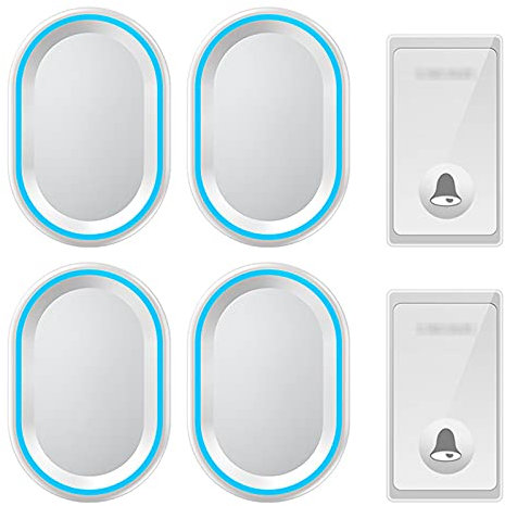MOKLYF Portable Wireless Doorbell with 2 Waterproof Push Button And 4 Plug-In Receiver, 650Ft Operating Range Doorbell with 58 Ringtones & Flash Indicator,Black (White