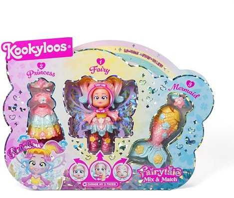 KOOKYLOOS Fairytale Mix & Match Rainbow – Muñeca 3 en 1 de temática fantasía. Contiene 1 muñeca, 1 Outfit de Princesa, 1 Outfit de Sirena y 1 Outfit de Hada