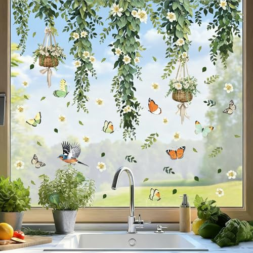 KAIRNE Grüne Tropische Blätter Wandaufkleber Hängende Rebe Grün Blätter Pflanze Vögel Wandtattoo für Wohnzimmer Schlafzimmer Frühling Schmetterling Fensteraufkleber Spielzimmer