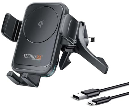 Technaxx 15W trådlös billaddare och telefonhållare TX-322 med Qi snabbladdningsfäste för luftventil–automatisk fastspänning, 360° rotation, passar upp till 6,7 smartphones- Säker bilsmartphoneladdare