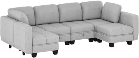 Hello-5ive Corner Large Sofa with Storage, Modern Fabric Sofa Bed Convertible 2 Seater 3 Seater Sofa, L-Shaped U-Shaped Couch with Ottoman for Living Room, Grey