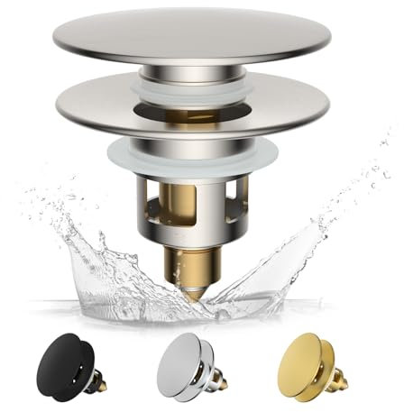 Hibbent Universaler Waschbeckenstöpsel (25-46mm), edeles Messing-Federkern-Druckventil,Pop-Up Abflusssieb Stöpsel für Waschbecken, Ersatz für Badewannen- und Küchensinkstopfen -Gebürstetes Nickel