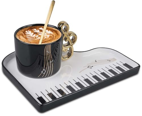 Musiknoten Keramik Kaffeetasse mit Unterteller und Löffel, 200ml Kreative Klavier Kaffeetasse Musik Note Bedruckt Teetasse Geschenk Tasse Kaffeebecher Für Musiklieber Musik Geschenk, Schwarz