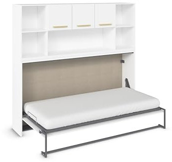 Rauch Möbel Albero, Bett, Schrankbett, Querklappbett, platzsparendes Wandbett mit Bettüberbau, Regal und Lattenrost, Liegefläche 90x200 cm, Farbe Weiß, Griffe Eiche massiv, 214x197x44cm