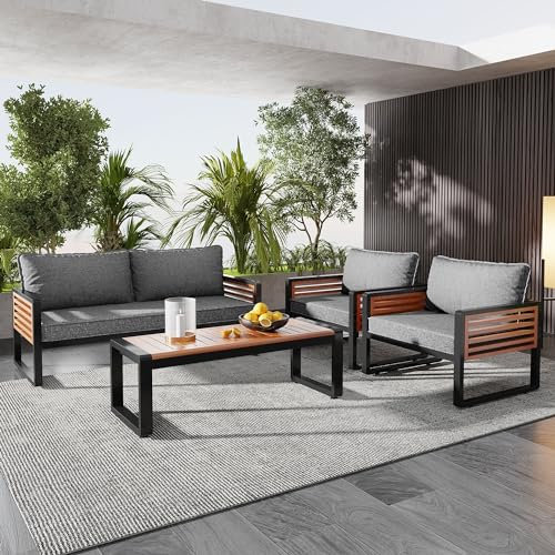 Gartenlounge-Set 4 Personen, Gartenmöbel Set Balkonmöbel Set mit 2er Sofa, 2 Sessel, Couchtisch und Kissen, Terassenmöbel Outdoor Lounge-Set für Terrasse/Balkon/Garten, verzinkter Eisenrahmen, Grau