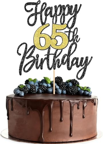 1 Stück Happy 65th Birthday Cake Topper Glitzer Schwarz Gold Prost auf 65 Jahre Kuchen Deko Nummer 65 Fabelhaft Tortendeko für Happy 65th Geburtstag Jahrestag Party Dekorationen