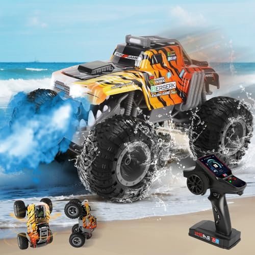 Charmofun Monster Truck Télécommandée 1:12, 30 KM/H Voiture Télécommandée Tout Terrain Amphibie, 4WD 360° Rotation RC Voiture Dinosaure avec Brume de Pulvérisation, Musique et Lumières LED