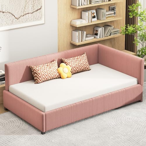 Generisch TOBIDOEN Polsterbett Schlafsofa 90x200cm, L-förmiges Sofa mit Schlaffunktion, Tagesbett Daybed mit Lattenrost aus Holz, Samtstoff, B(Rosa)