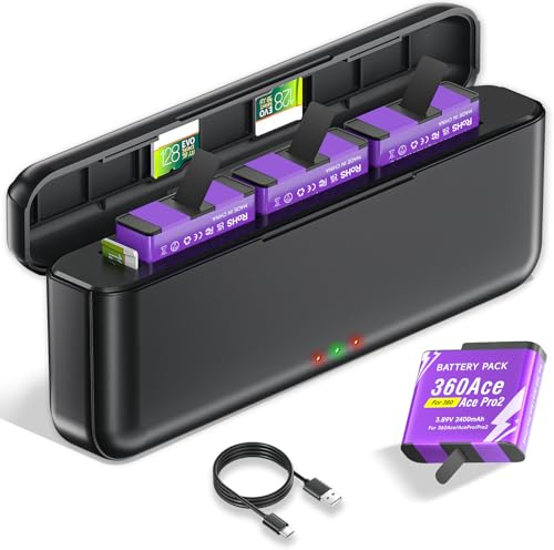 CITYORK Caricabatterie a 3 slot e 3 batteria da 2400mAh compatibili con -Insta360. Ace/Ace Pro/Ace Pro 2, kit batteria di ricambio per Insta360 Ace/Ace Pro con display a LED e cavo USB