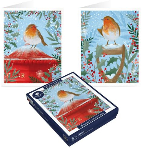 Tom Smith Weihnachtskarten-Set, 15 luxuriöse Weihnachtskarten mit Umschlägen und Siegeln, saisonales Rotkehlchen-Design, recyceltes, umweltfreundliches Weihnachtskarten-Set