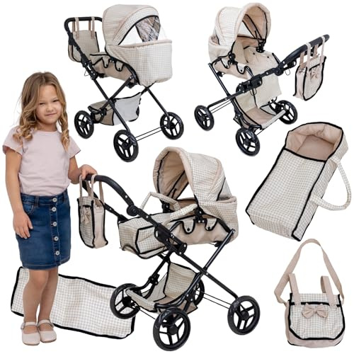 Doris Multifunktions Puppenwagen 3in1, Großer Puppenwagen für Puppe, Tiefer Spaziergang mit Tragetasche und Tasche, Höhe 82 cm, Griffhöhe verstellbar