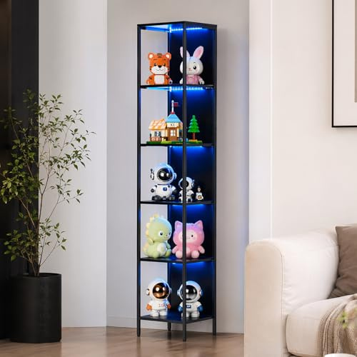 EGGREE Offene Sammlervitrine mit LED-Beleuchtung,Regal mit 6 LED Farben Beleuchtung, Vitrine für Sammlerstücke Bücher Wein, für Büro Wohnzimmer Küche, 40x30x178cm