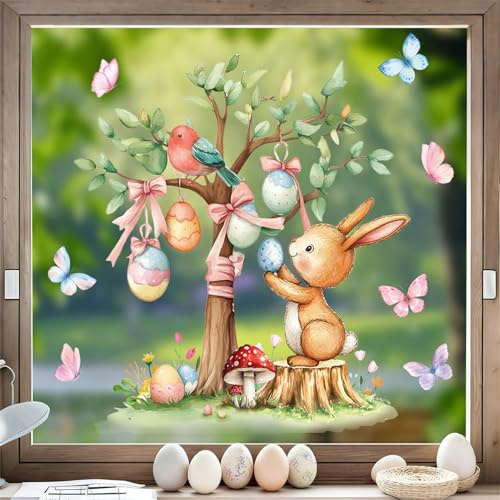 Fensteraufkleber Ostern Selbstklebend – Wiederverwendbare Fensterbilder mit Hasen & Ostereiern | Doppelseitige PVC Oster-Fenstersticker für Kinderzimmer, Osterdeko, Spiegel & Glas (A)