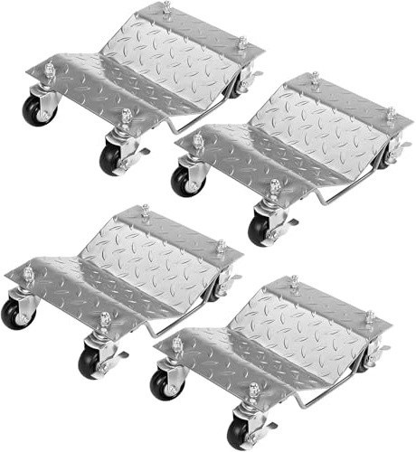 4pcs Heavy Duty 6000 lbs Car Wheel Dolly Set, Steel Skates with Brakes, 360° Rotatable Anti-Skid Wheels for Cars, Trucks, Trailers, Motorcycles, Boats, Silver