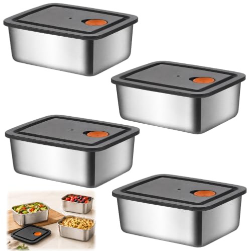 4Pcs Stainless Steel Food Containers, Metal Food Containers With Lids, Stainless Steel Tupperware Metal Tupperware, Leakproof Metal Lunch Box Stackable Food Storage Containers For Kitchen Work