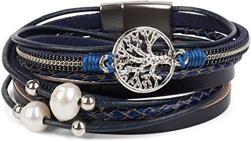 styleBREAKER Wickelarmband mit Perlen, Ketten, Flechtelement und Lebensbaum Anhänger, Magnetverschluss, Armband, Damen 05040070, Farbe:Midnight-Blue/Dunkelblau