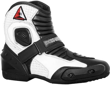 Audax Herren Motorradstiefel-Biker Boots-Sport Motorrad Stiefel aus echtem Leder-Leicht und Atmungsaktiv, mit verstärkten Protektoren Schwarz Weiss - 44