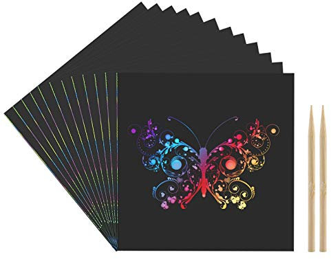 Kesote Kratzpapier Set, 100 Blätter Malerei Kratzbilder mit 2 Stück Kratzstifte für Kinder DIY Weihnachten Geschenk (8 x 8 cm)