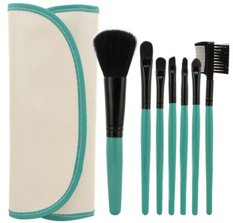 Accessotech 7 Pcs Professional Cosmetic Make Up Eyeshadow Brush Set with Leather Case Bag (Cream/Blue)