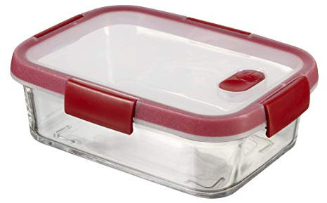 CURVER Smart COOK - Récipient avec base en Verre 0,9L Rectangulaire - Boîte Etanche et Hermétique - Pour Cuisiner au Four ou Conserver au réfrigérateur - 15 x 20 x 7 cm - Rouge