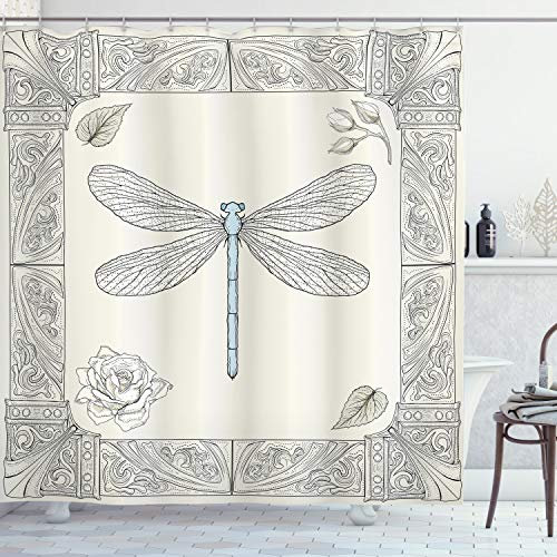ABAKUHAUS Libellule Rideau de Douche, Royales pétales de Rose, Tissu Ensemble de Décor de Salle de Bain avec Crochets, 175 cm x 180 cm, Noir Bleu pâle