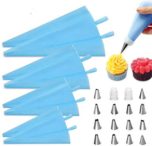 24-teiliges Kit zum Verzieren von Kuchen, 14 Düsen mit Zuckerguss-Pipingspitzen, 8 wiederverwendbare Silikon-Spritzbeutel, 2 Kupplungen Kupplungen zum Backen von Cupcakes Keksen Süßigkeiten-Werkzeug