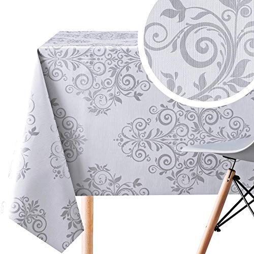 KP HOME Abwischbare PVC Tischdecke Rechteckig 300 x 140 cm, Wasserabweisendes Wachstuch, Esstischdecke, Pflegeleicht und Strapazierfähig, Grau und Silber Barock Damast mit Orientalischen Ranken