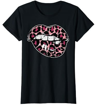 80s & 90s Kussmund Lippen Leopard Muster Print Pink T-Shirt