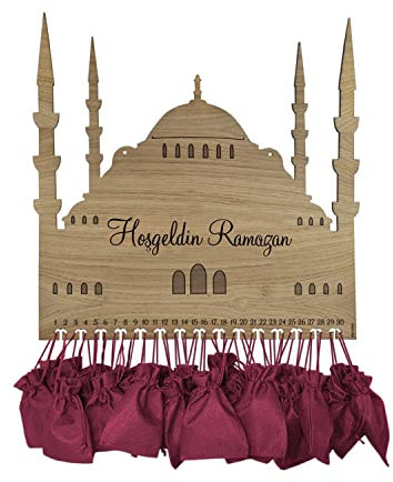 Echtholz Hoşgeldin Ramazan Zuckerfest-Kalender inkl. 30 Geschenksäckchen - Eichenfurnier - Ramadan Countdown-Kalender - Für Kinder & Erwachsene - Holz - BxH 51,0 x 50,0 cm - signodoo
