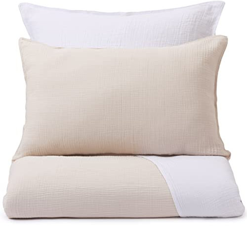 URBANARA Musselin-Kissenbezug Fatela 80x80 cm, Natur/Weiß, vorgewaschene Musselin-Kissenhülle aus 100% Baumwolle mit Kokosnussknöpfen, superweich und schadstofffrei