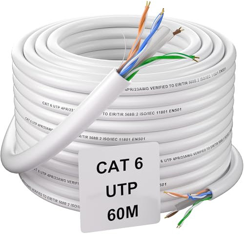 Soibke Cable Ethernet 60 Metros Cat 6 Cable de Red Exterior Bobina Cable de Instalación UTP 23AWG Cable Internet 60m Alta Velocidad Cable LAN Gigabit Blanco Cable de Conexión Largo