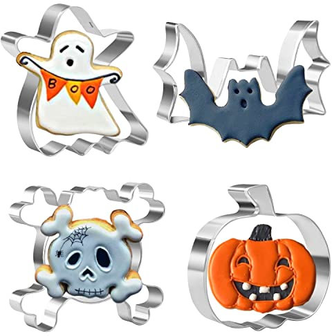 Juego de 4 cortadores de galletas de Halloween para hornear, fantasma, murciélago, calabaza y cráneo, cortador de galletas de acero inoxidable