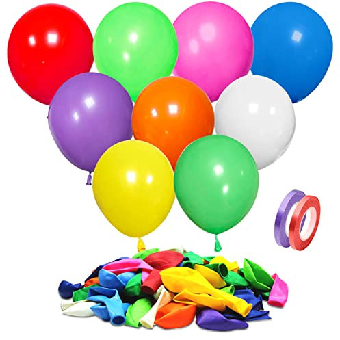 ASIYUHY Rainbow Party Balloons 100 Pack 12 inch Multicoloured Balloons With 2 rolls of balloon ribbon Assorted Color Thicken Latex Colorful Balloons for Birthday Party Wedding Baby Shower Decorations