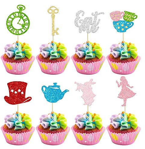 Gyufise 24Pcs Alice In Wonderland Cupcake Toppers Glitter Bowl Key Clock Fairy Eat Me Cupcake Picks Tea Party Cake Decorations for Baby shower Kids Boys Girls Birthday Party Supplies