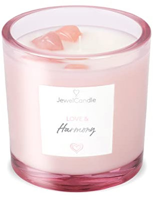 JuwelKerze Edelstein Kerze Love & Harmony - 60 Std - Mit Rose Quartz Stein - Große Duftkerze Mit Blumigem Duft - Kristall Deko - Geschenke für Frauen, Geburtstag