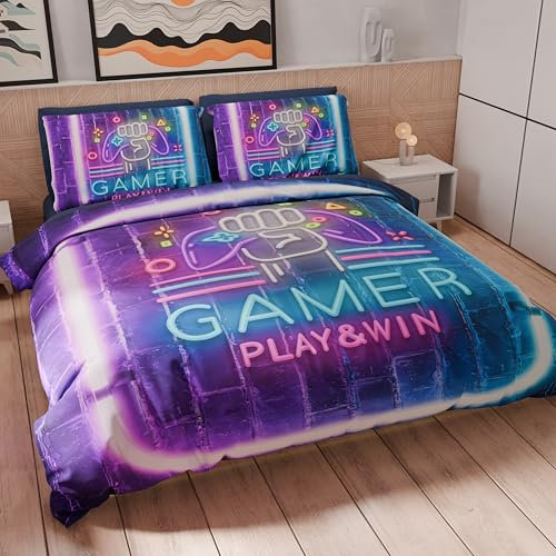 PETTI Artigiani Italiani - Set Copripiumino Matrimoniale 250x200 cm (2 Federe 50x80 cm Incluse), Parure Copripiumino Morbida Microfibra con Stampa Digitale - Made in Italy - Gamer