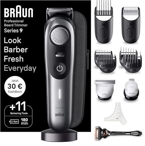 Braun Barttrimmer, Bartschneider/Trimmer/Haarschneider Herren, Haarschneidemaschine Profi, 40 Einstellungen, Ladestation, Reiseetui, Bartschablone, 180 Min. kabellose Laufzeit, BT9440