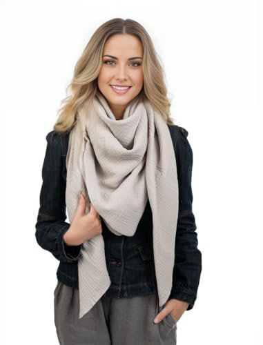 Scandi Linen Musselin Tuch - Damen Musselintuch, Musselin Schal, Heller Sandfarbenes Dreieckiges Halstuch