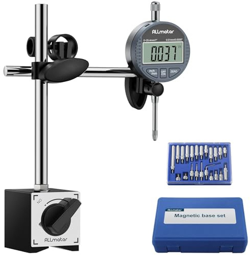 ALLmeter Reloj Comparador Digital 0-25.4mm con Base Magnética 70kg ON/OFF 22 Husillos, Indicador de Dial mm/Pulgada para 3D Reparación de Automóviles Torno