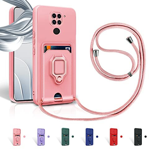 Aithne Funda con Cuerda para Xiaomi Redmi Note 9 Case con Ranura para Tarjetas,360 Anillo función de Soporte Cubierta -Pink
