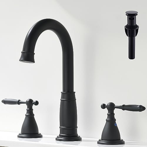 BRAVEBAR Robinet de salle de bain noir à 3 trous – Robinets à deux poignées de 20,3 cm pour lavabo de salle de bain | Robinets de lavabo vintage classiques avec assemblage de drain pop-up et lignes