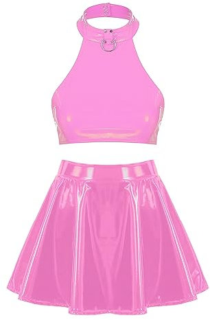 Choomomo Damen Sexy Lack Leder BH und Minirock High Waist A-Linie Faltenrock Reizwäsche Disco Raver Tanz Kostüm Clubwear S-4XL Hot Pink S
