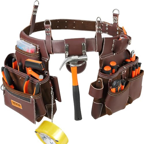 VEVOR Cintura porta attrezzi, 22 tasche, regolabile da 29 pollici a 54 pollici, per elettricista, falegname, tuttofare, falegname, edilizia, corniciaio, Marrone