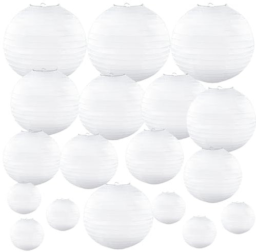 Lanterne Papier Blanc, Mezzar 30 Pcs Lanterne en Papier Rondes Lanterne Boule Suspension Lanterne Chinoise pour Décoration Mariage Anniversaire Fête (10cm 15cm 20cm 25cm 30cm) (Blanc)