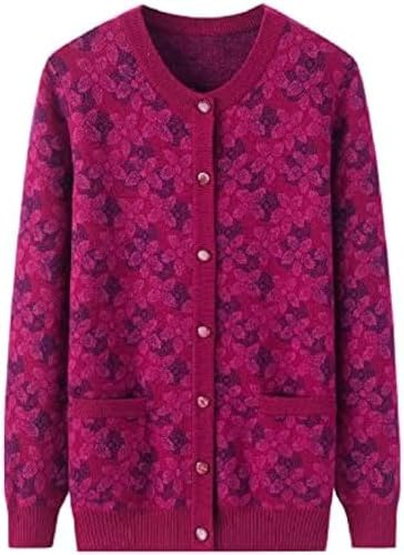 YTFZ Cardigan Da Donna In Cashmere Ispessito Di Mezza Età E Anziani Girocollo Blu Maglione Lavorato A Maglia Di Lana Per Madre Autunno E Inverno,Fucsia,4XL