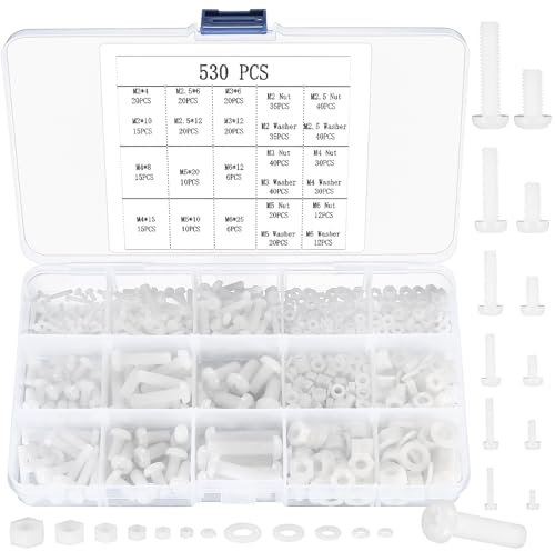 Nylon Bolts and Nuts Set, 530 Pcs Flat Round Head Hexagon Screws and Washers, White Machine Bolts for Electrical Mechanical - M2/M2.5/M3/M4/M5/M6