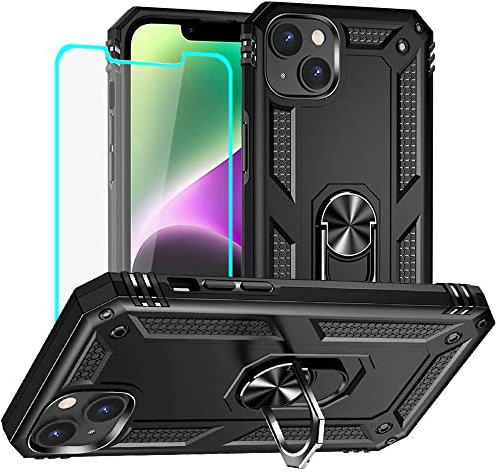 Yiakeng for iPhone 14 Case with Screen Protector: Military Grade Protective Cases with Ring Holder Kickstand for - iPhone 14 (Black)